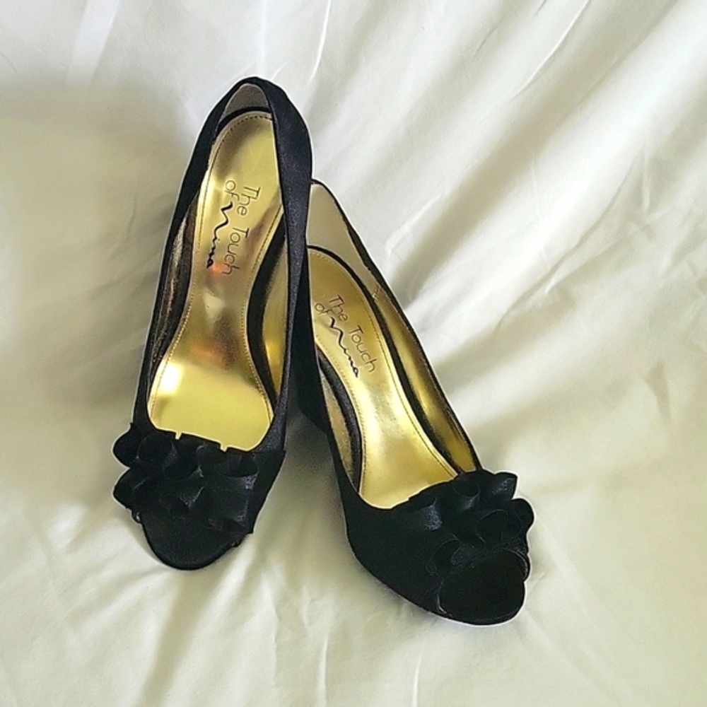 The Touch of Nina Pertie black satin wedge, formal peep-toe shoe.